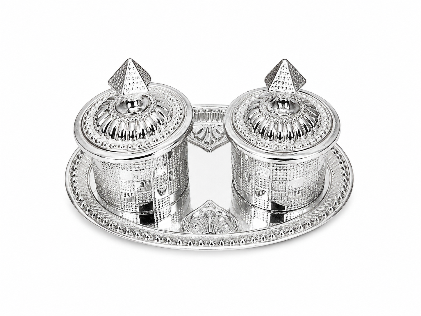 Real Silver Double Kumkum Container Set with Oval Decorative Tray - image 1