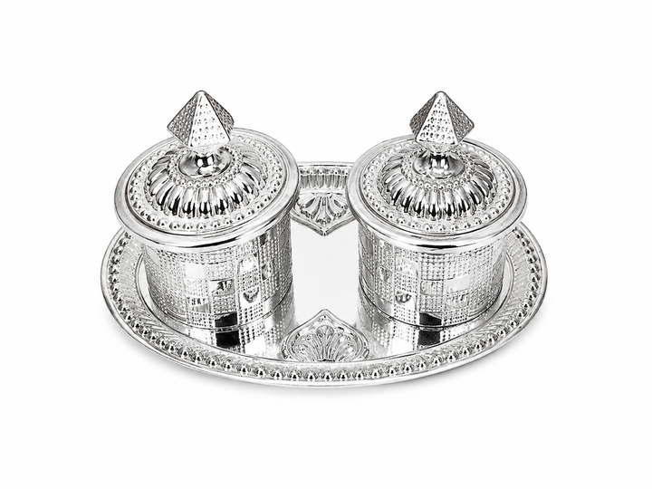 Real Silver Double Kumkum Container Set with Oval Decorative Tray - image 1