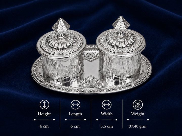 Real Silver Double Kumkum Container Set with Oval Decorative Tray - image 2