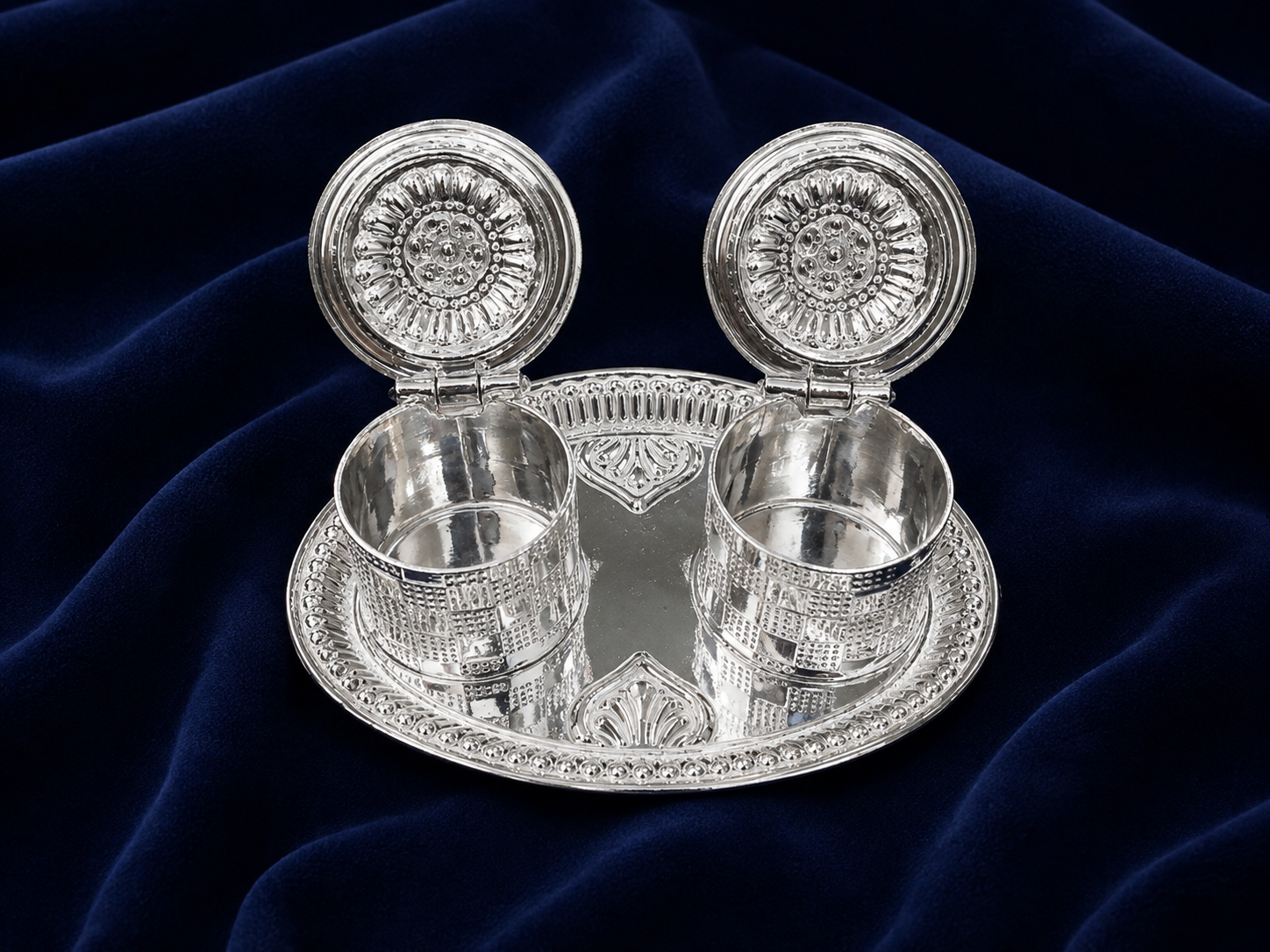 Real Silver Double Kumkum Container Set with Oval Decorative Tray - image 3