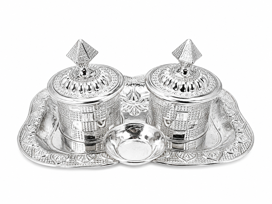 Real Silver Double Kumkum Container Set with Ornate Pooja Tray - image 1