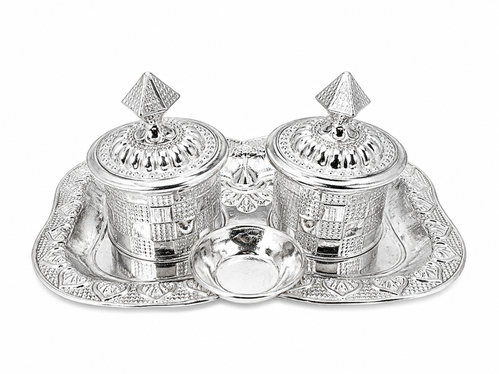 Real Silver Double Kumkum Container Set with Ornate Pooja Tray - image 1