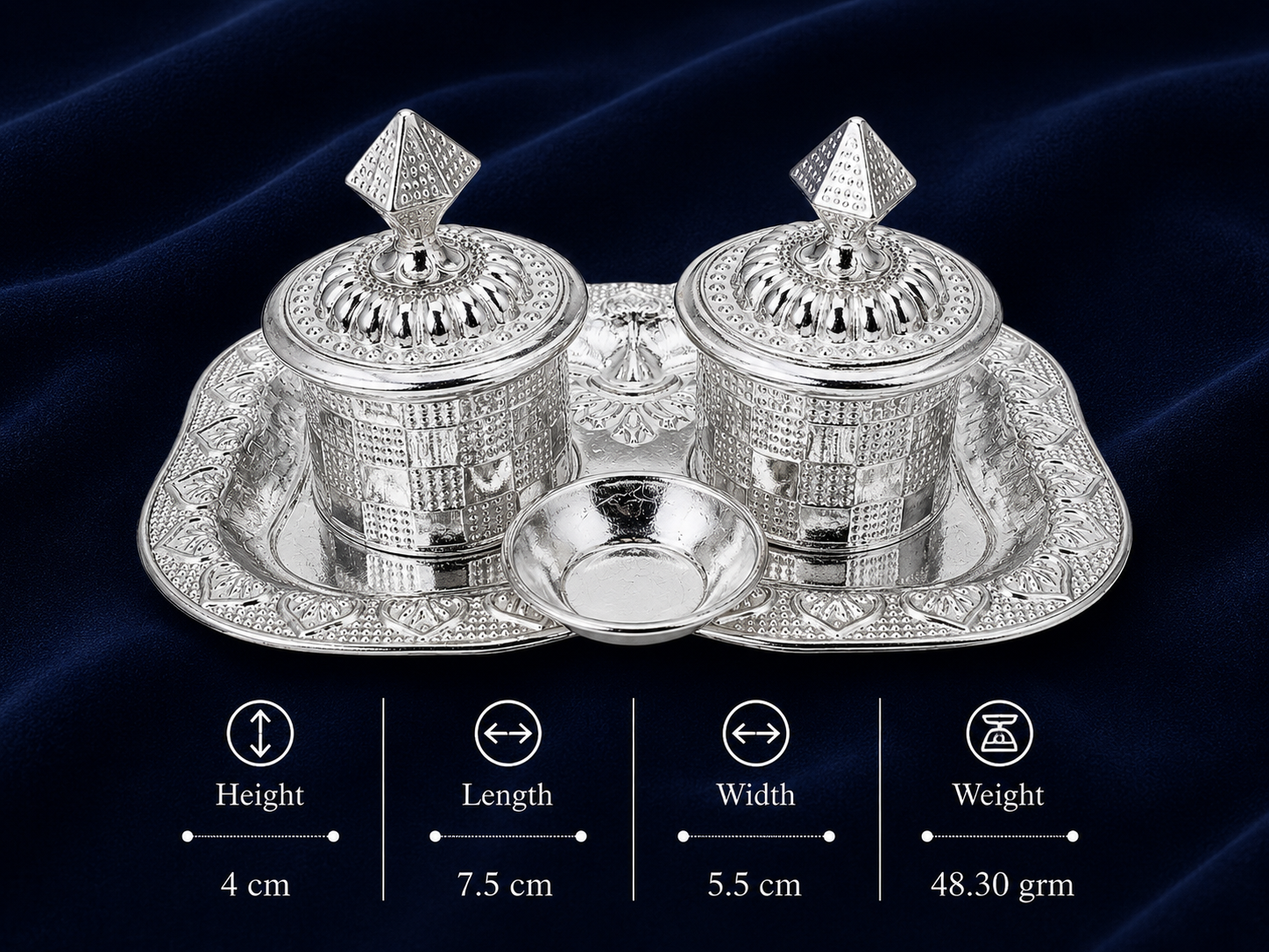 Real Silver Double Kumkum Container Set with Ornate Pooja Tray - image 2