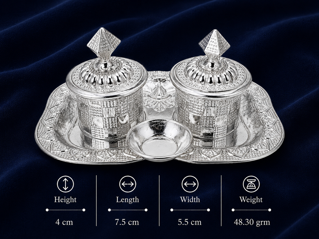 Real Silver Double Kumkum Container Set with Ornate Pooja Tray - image 2
