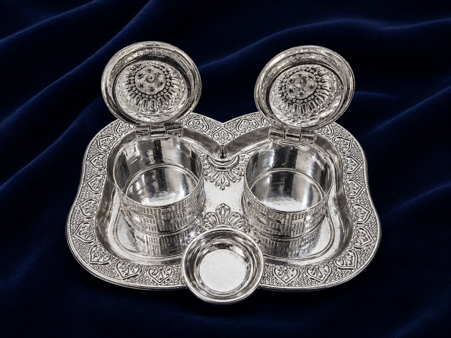 Real Silver Double Kumkum Container Set with Ornate Pooja Tray - image 3