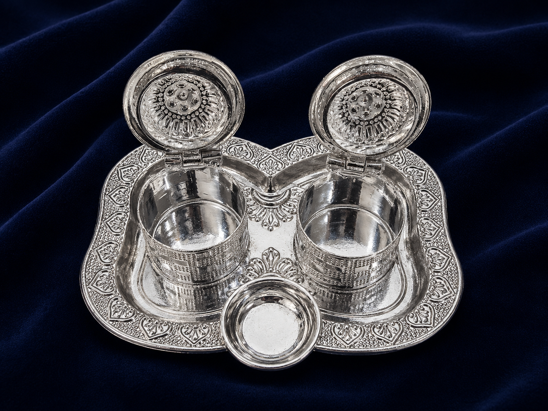 Real Silver Double Kumkum Container Set with Ornate Pooja Tray - image 3