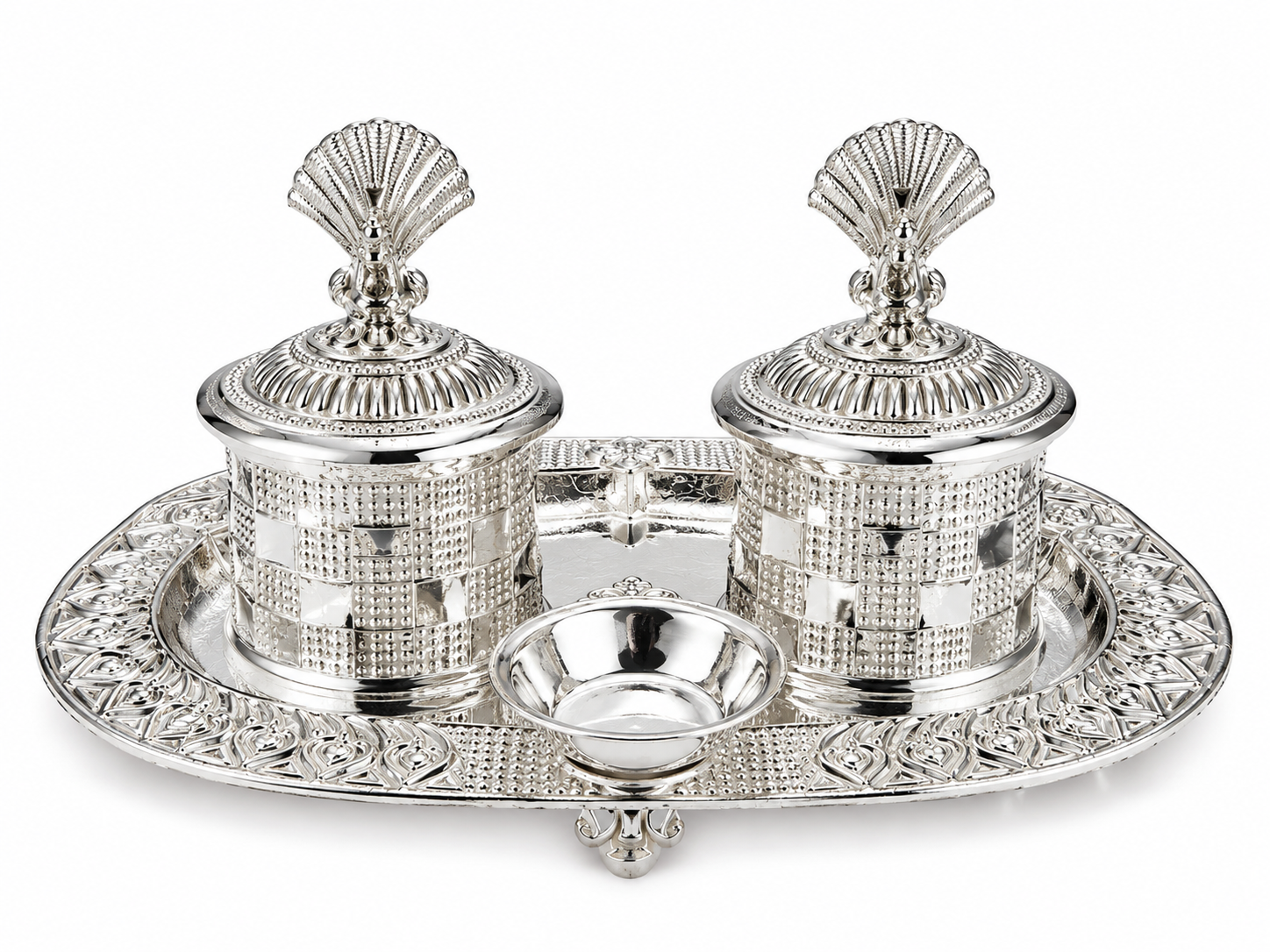 Real Silver Double Kumkum Container Set with Shell Finials & Oval Tray - image 1