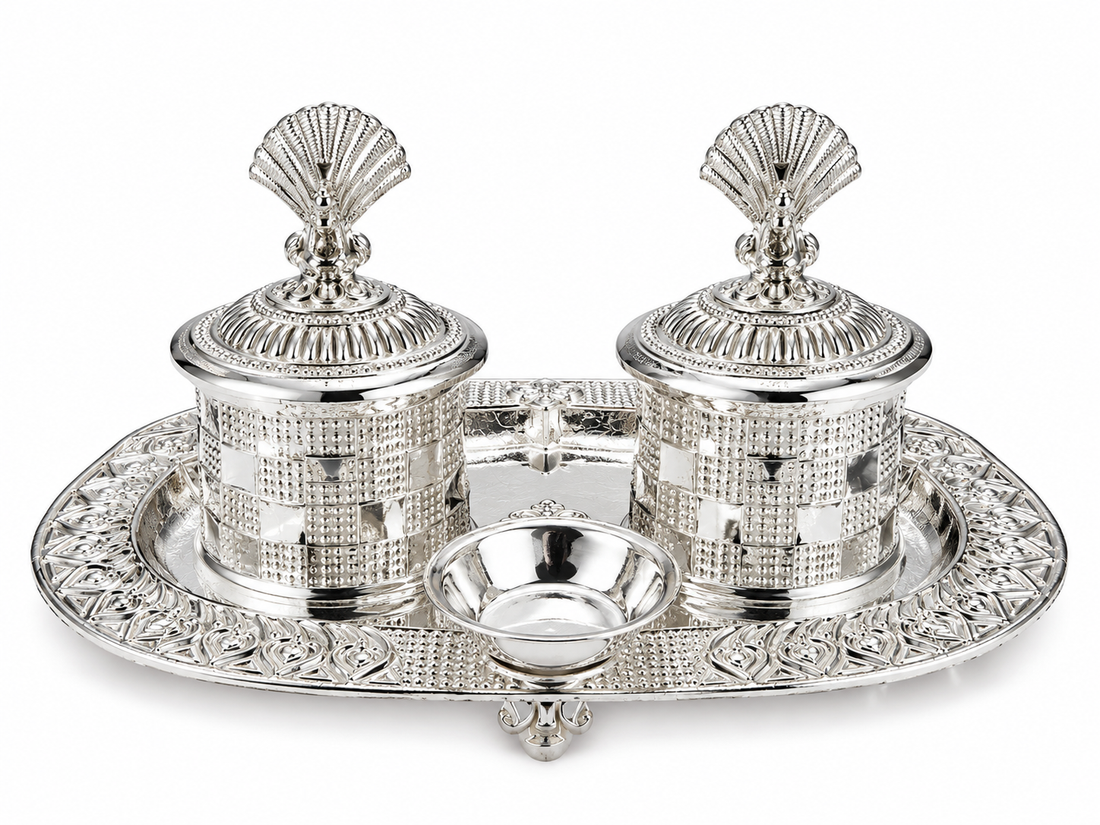 Real Silver Double Kumkum Container Set with Shell Finials & Oval Tray - image 1