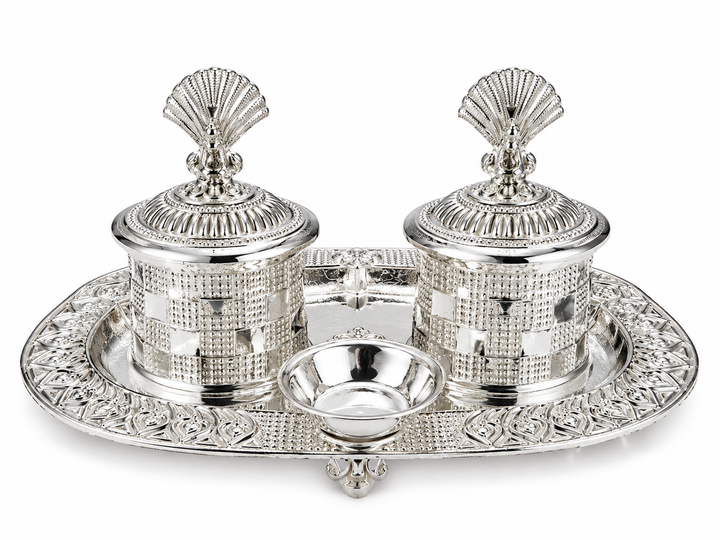 Real Silver Double Kumkum Container Set with Shell Finials & Oval Tray - image 1