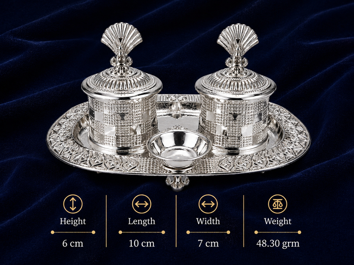 Real Silver Double Kumkum Container Set with Shell Finials & Oval Tray - image 2