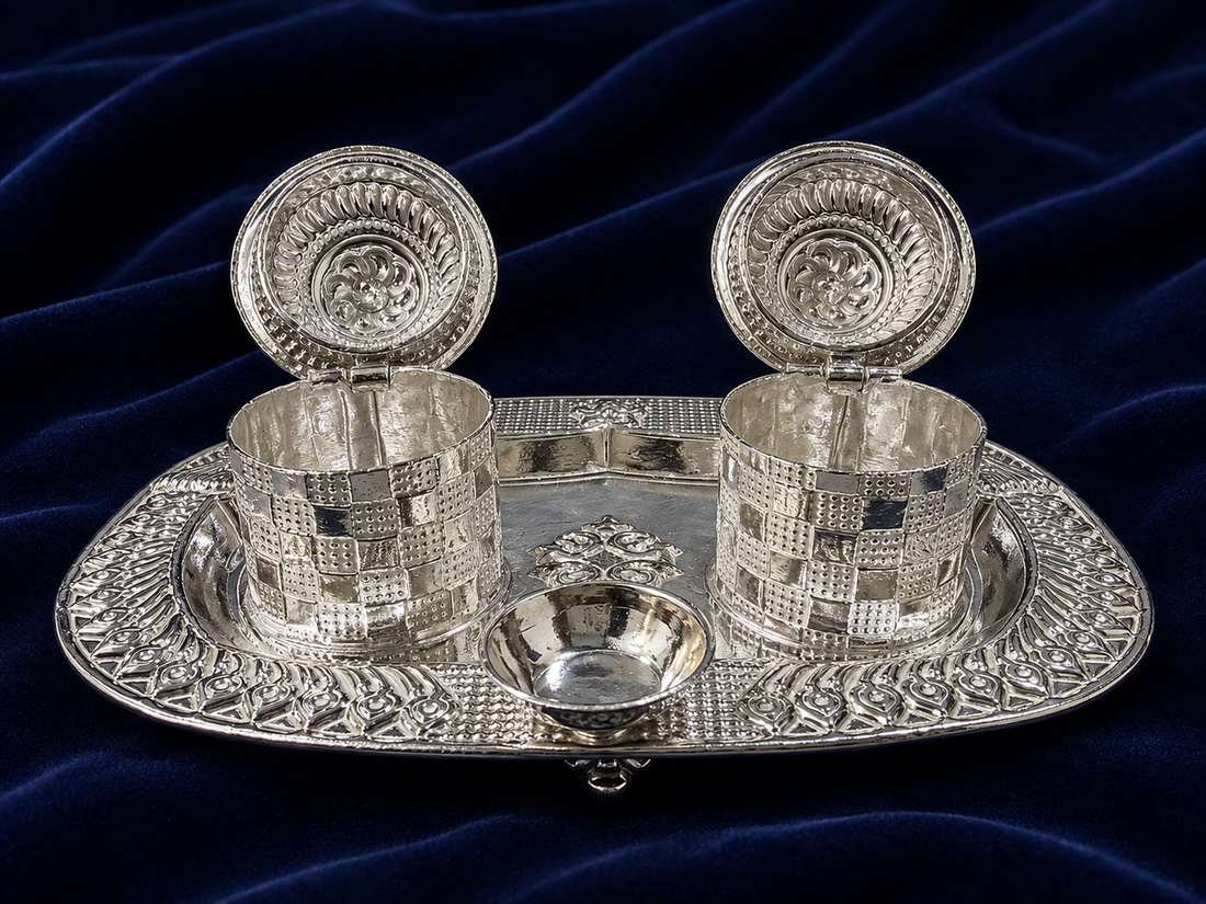 Real Silver Double Kumkum Container Set with Shell Finials & Oval Tray - image 3