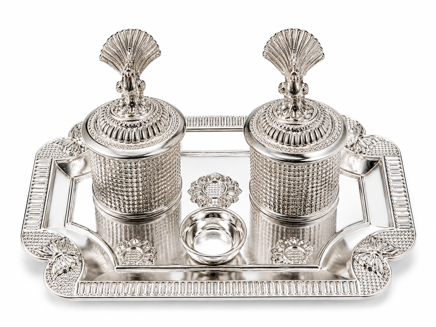 Real Silver Double Kumkum Container Set with Shell Finials & Rectangular Tray - image 1