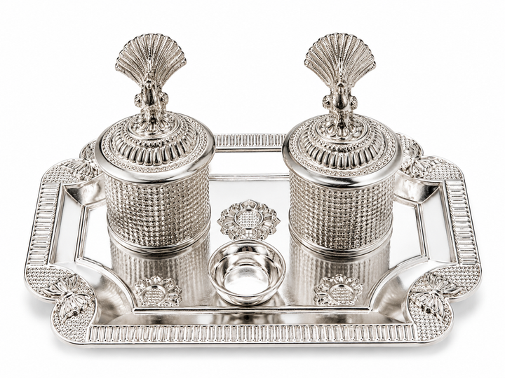 Real Silver Double Kumkum Container Set with Shell Finials & Rectangular Tray - image 1