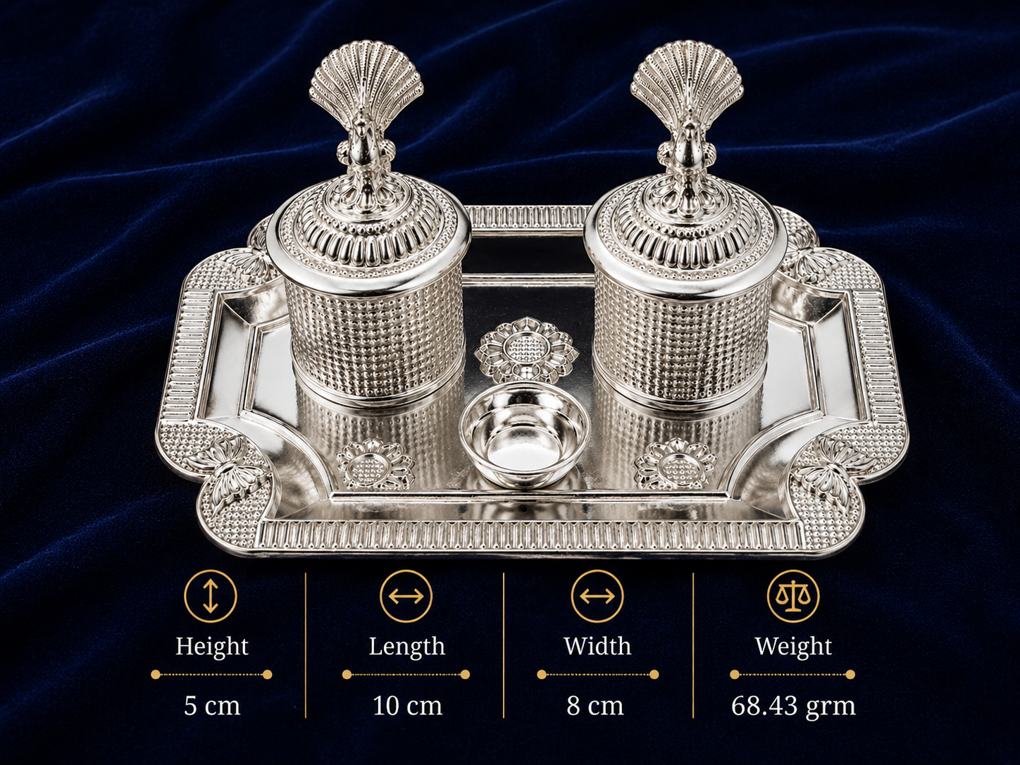 Real Silver Double Kumkum Container Set with Shell Finials & Rectangular Tray - image 2