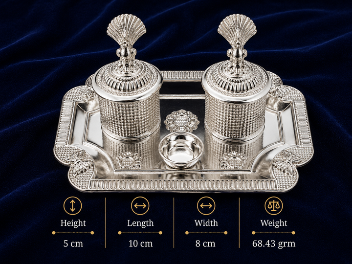 Real Silver Double Kumkum Container Set with Shell Finials & Rectangular Tray - image 2