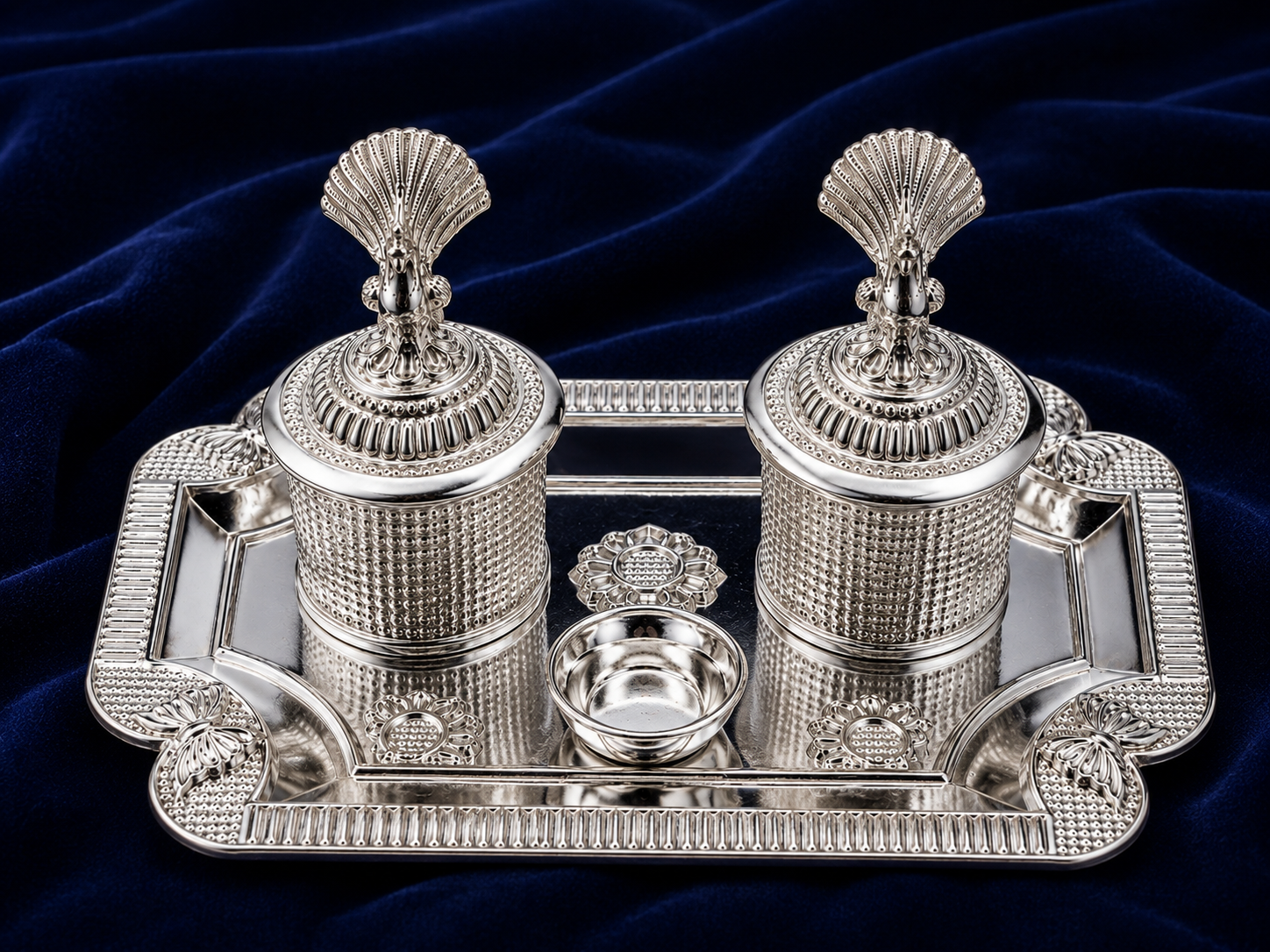 Real Silver Double Kumkum Container Set with Shell Finials & Rectangular Tray - image 3