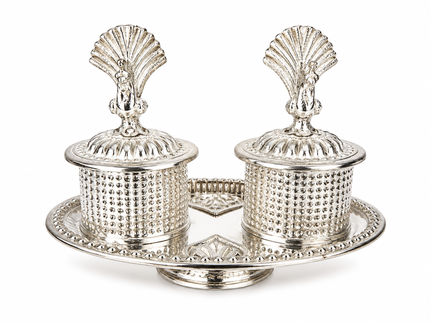 Real Silver Double Kumkum Container Set with Shell Finials – Compact Pooja Set - image 1