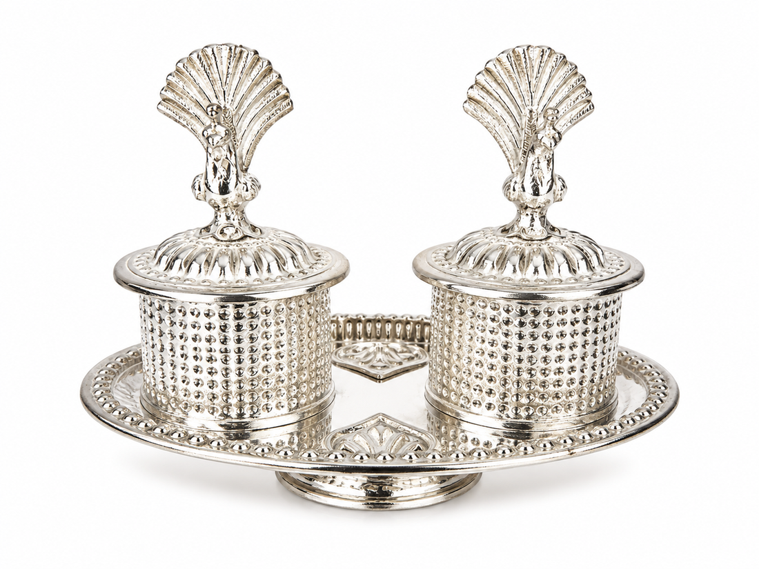 Real Silver Double Kumkum Container Set with Shell Finials – Compact Pooja Set - image 1