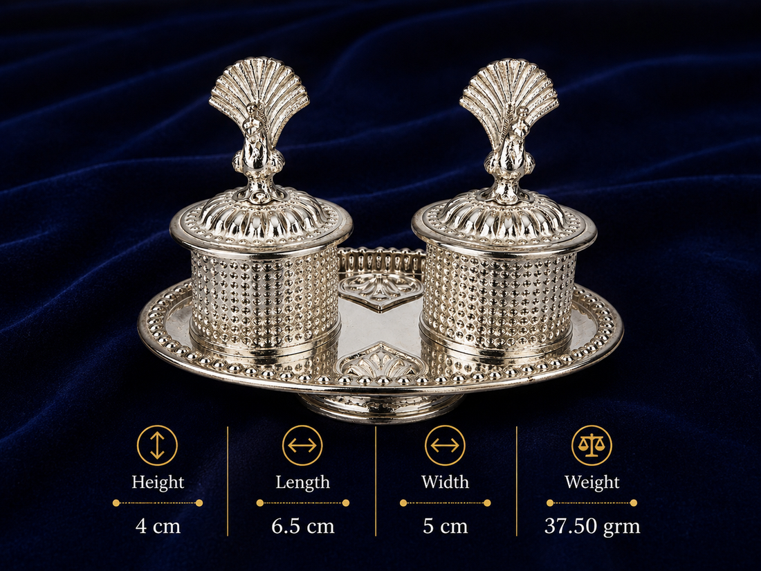 Real Silver Double Kumkum Container Set with Shell Finials – Compact Pooja Set - image 2