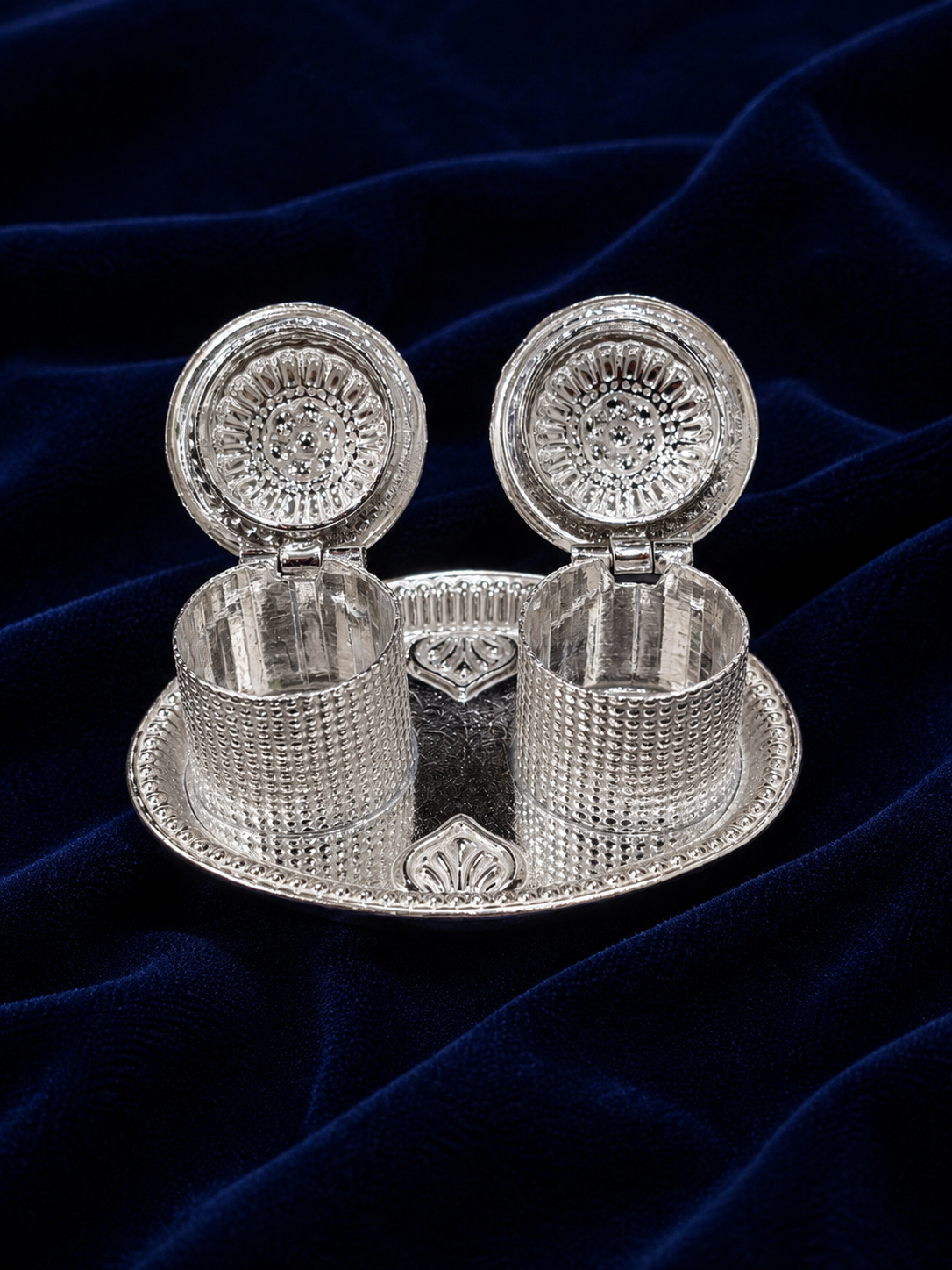 Real Silver Double Kumkum Container Set with Shell Finials – Compact Pooja Set - image 3