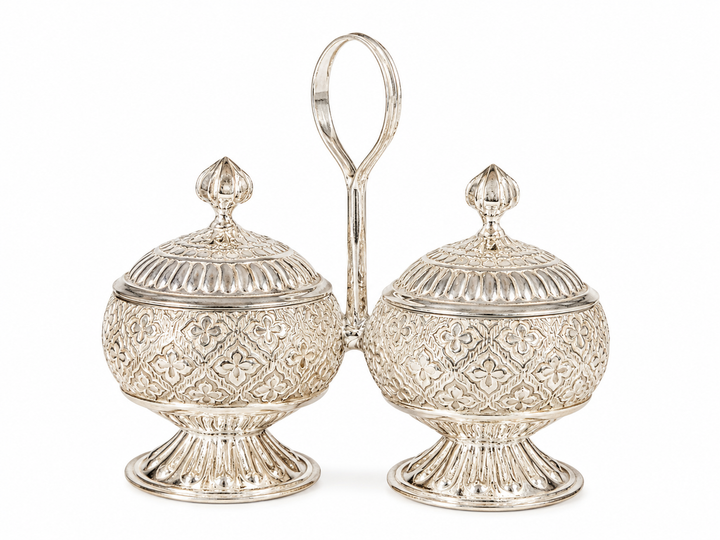 Real Silver Double Round Kumkum Container Set with Carry Handle - image 1
