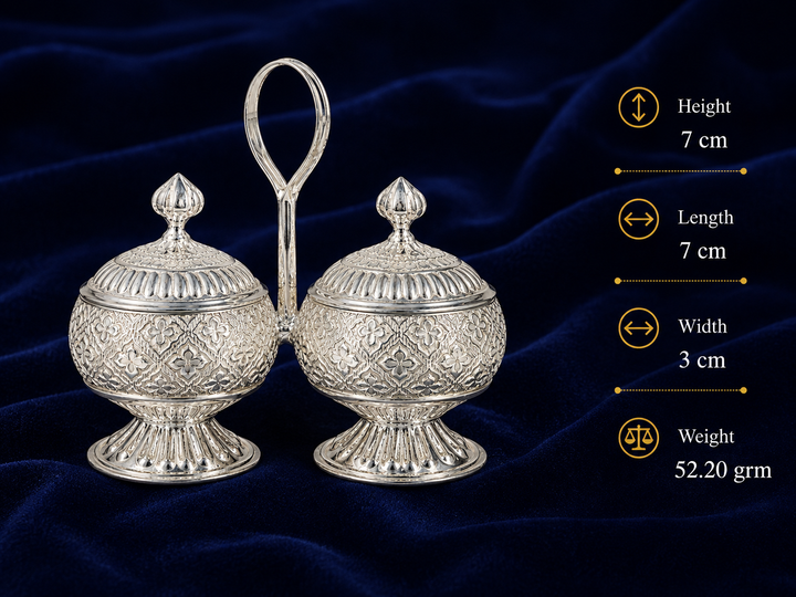 Real Silver Double Round Kumkum Container Set with Carry Handle - image 2