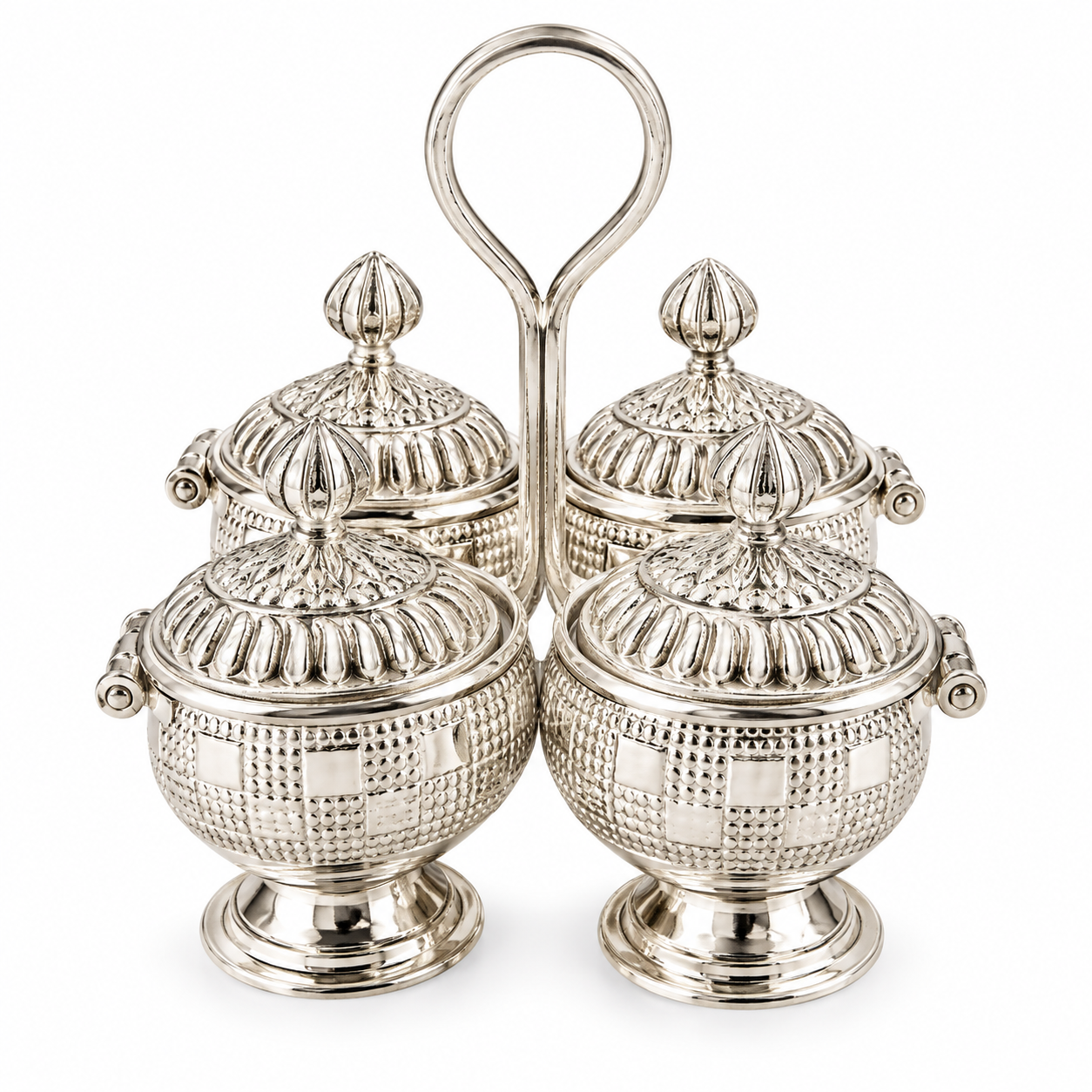 Real Silver Four-Container Kumkum Pooja Set with Carry Handle - image 1