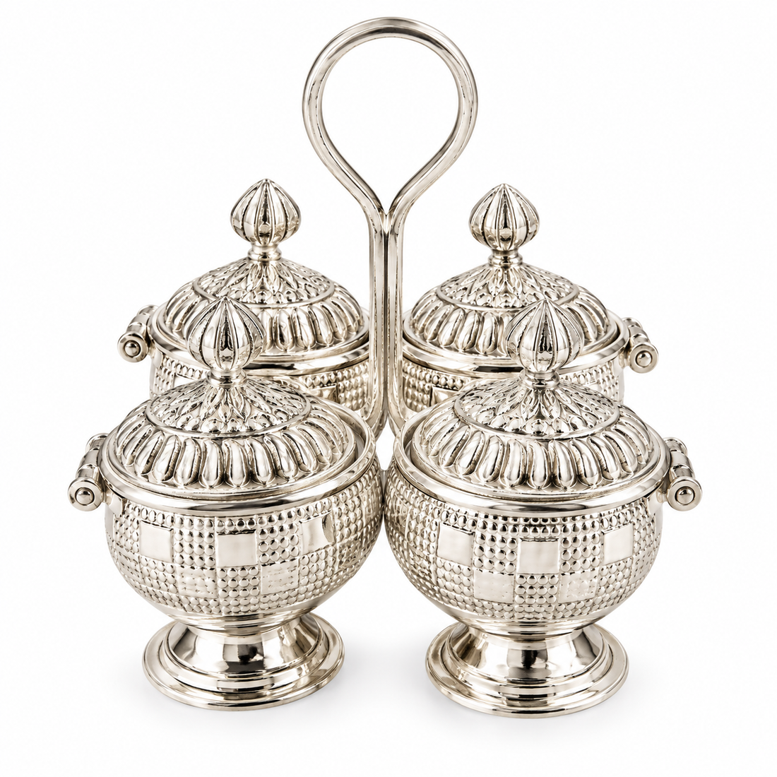 Real Silver Four-Container Kumkum Pooja Set with Carry Handle - image 1