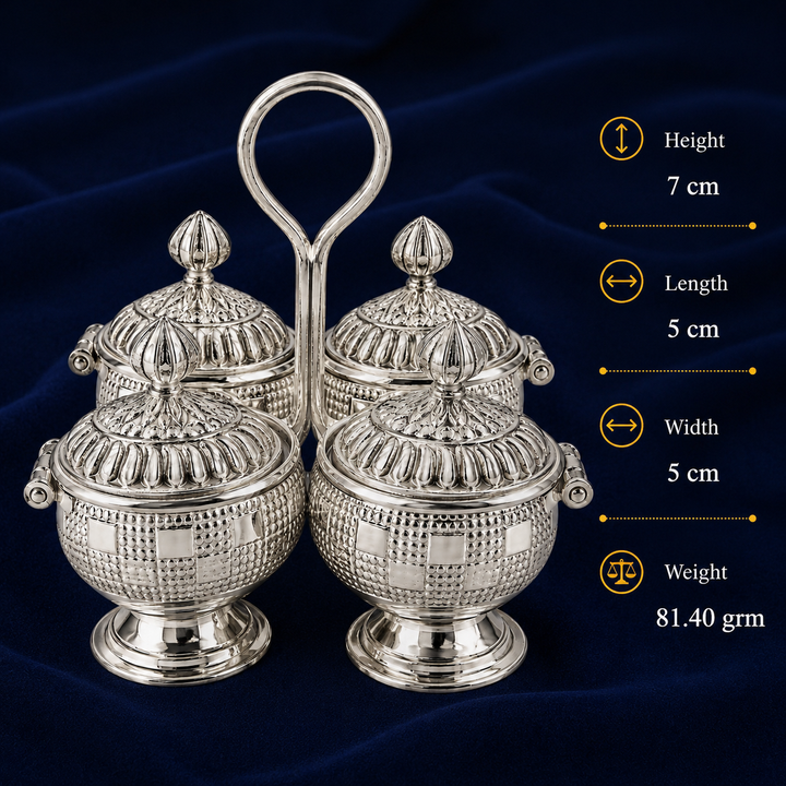 Real Silver Four-Container Kumkum Pooja Set with Carry Handle - image 2