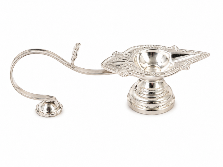 Real Silver Leaf Design Long Handle Aarti Diya – Traditional Pooja Lamp - image 1