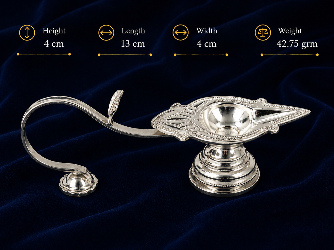 Real Silver Leaf Design Long Handle Aarti Diya – Traditional Pooja Lamp - image 2