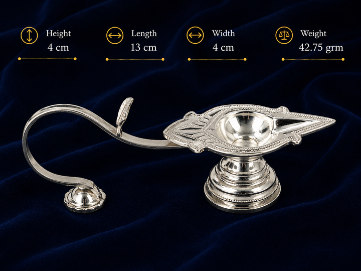 Real Silver Leaf Design Long Handle Aarti Diya – Traditional Pooja Lamp - image 2