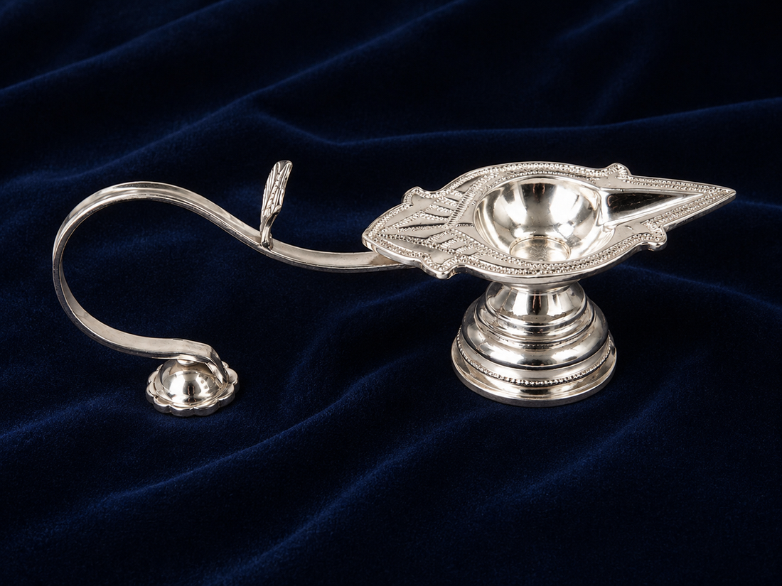 Real Silver Leaf Design Long Handle Aarti Diya – Traditional Pooja Lamp - image 3