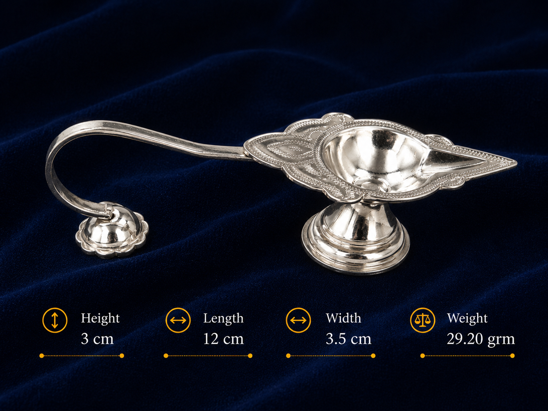 Real Silver Compact Leaf Design Aarti Diya with Handle – Pooja Lamp - image 2