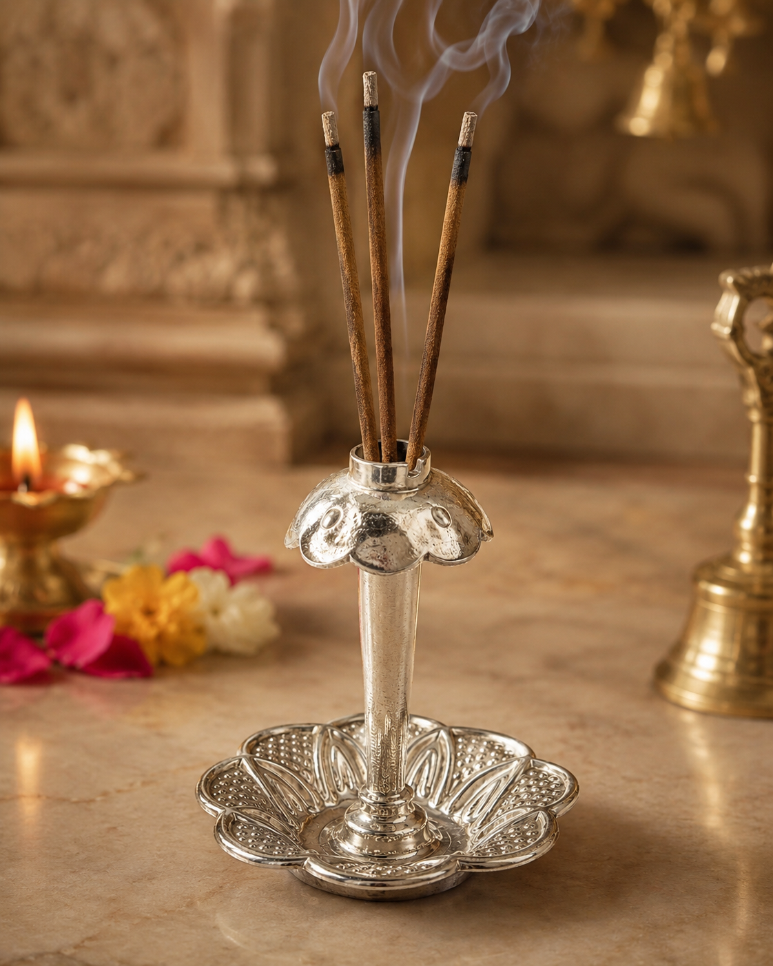 Real Silver Agarbatti Stand – Floral Incense Holder for Pooja & Home Temple - image 3