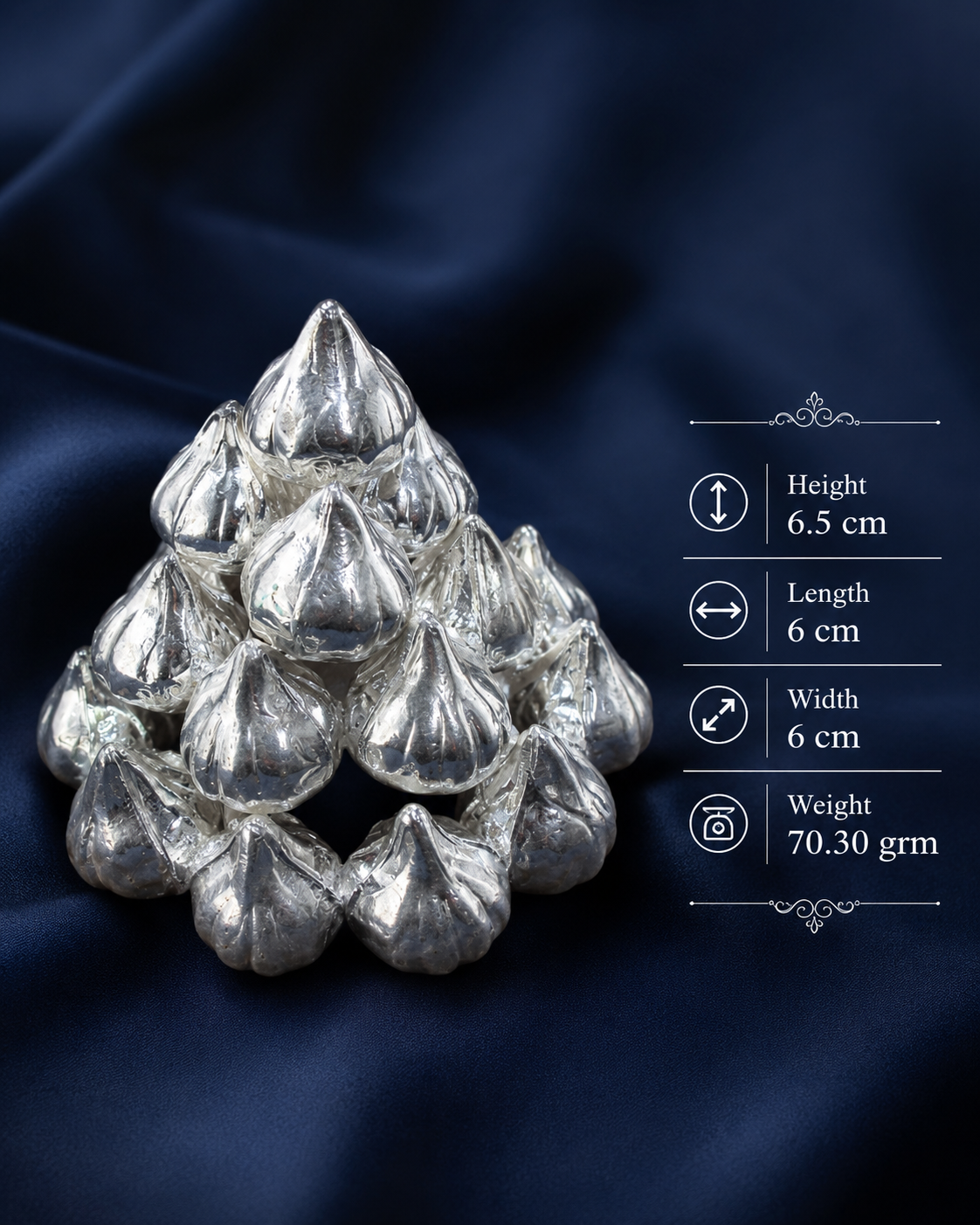 925 Sterling Silver Modak Pyramid Arrangement for Ganpati Bappa - 6.5 cm - Dimensions/specification view