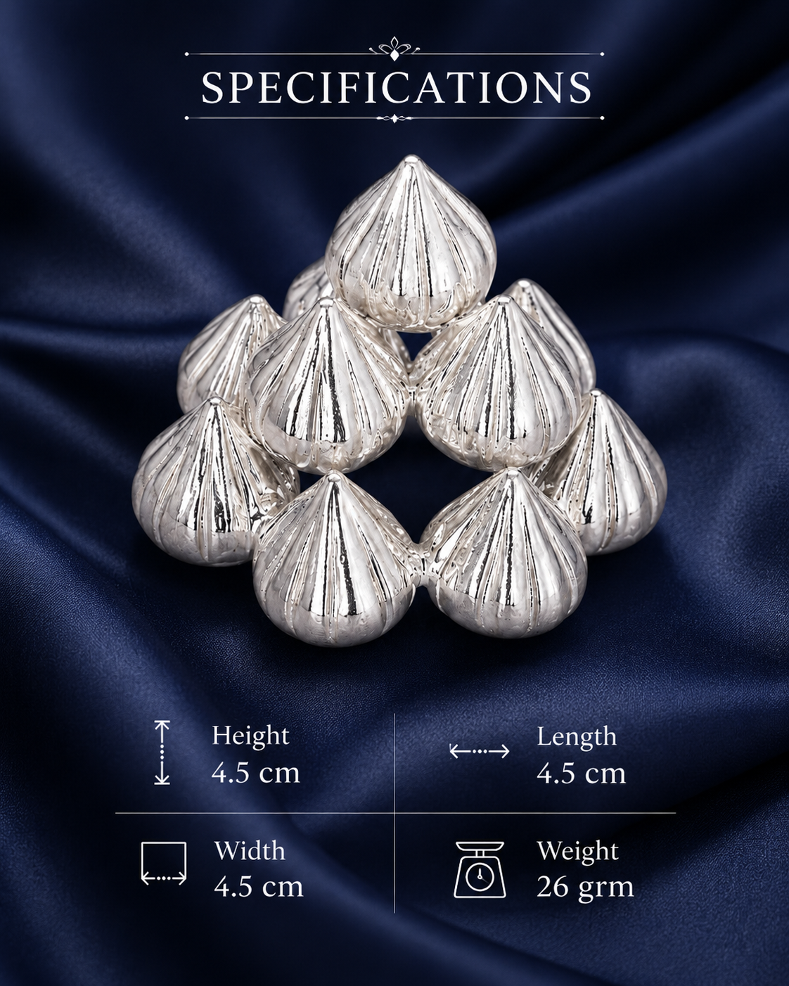925 Sterling Silver Modak Pyramid Arrangement for Ganpati Bappa - 4.5 cm - Dimensions/specification view