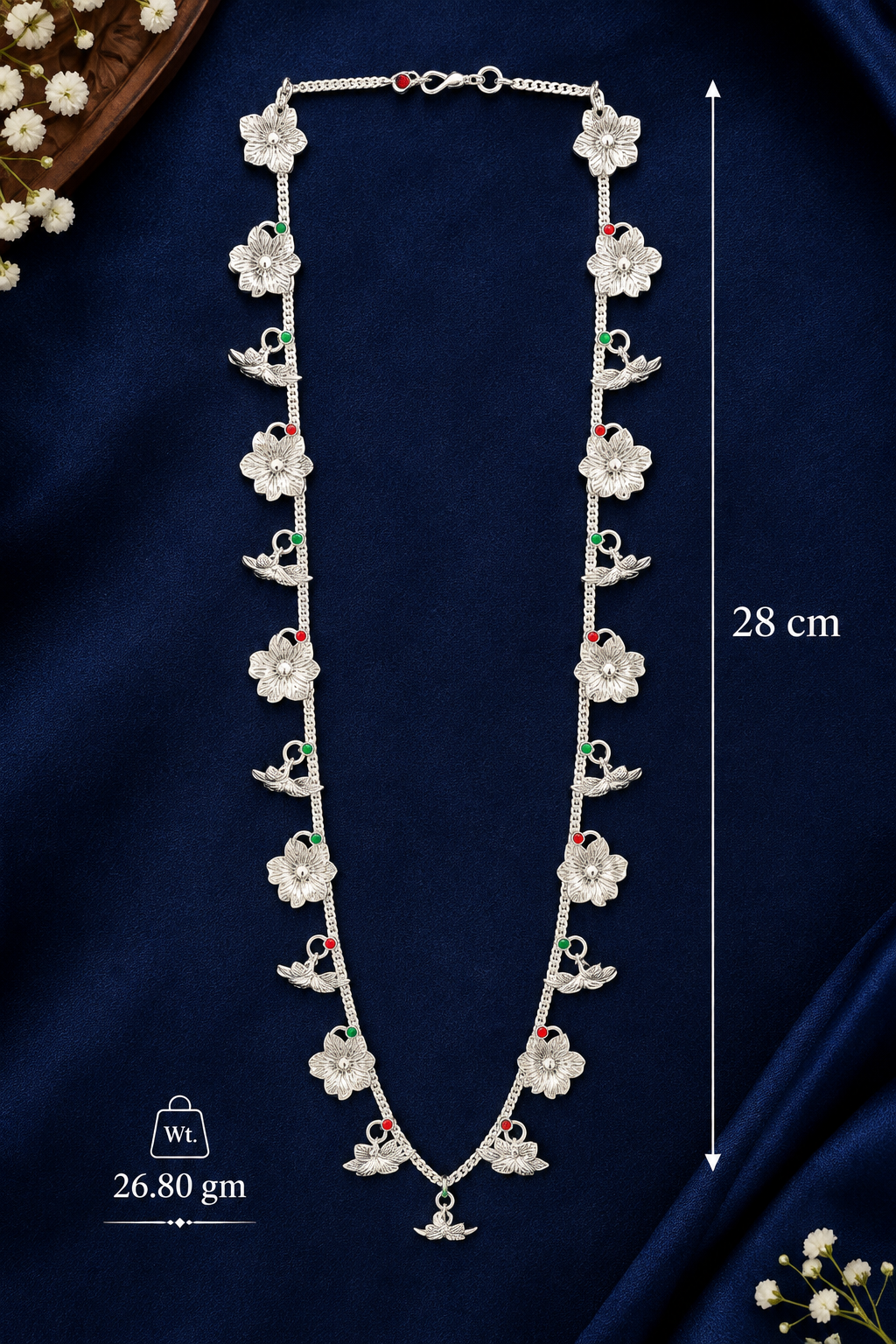 925 Sterling Silver Floral Haar for Ganpati Bappa - 28 cm - Dimensions/specification view