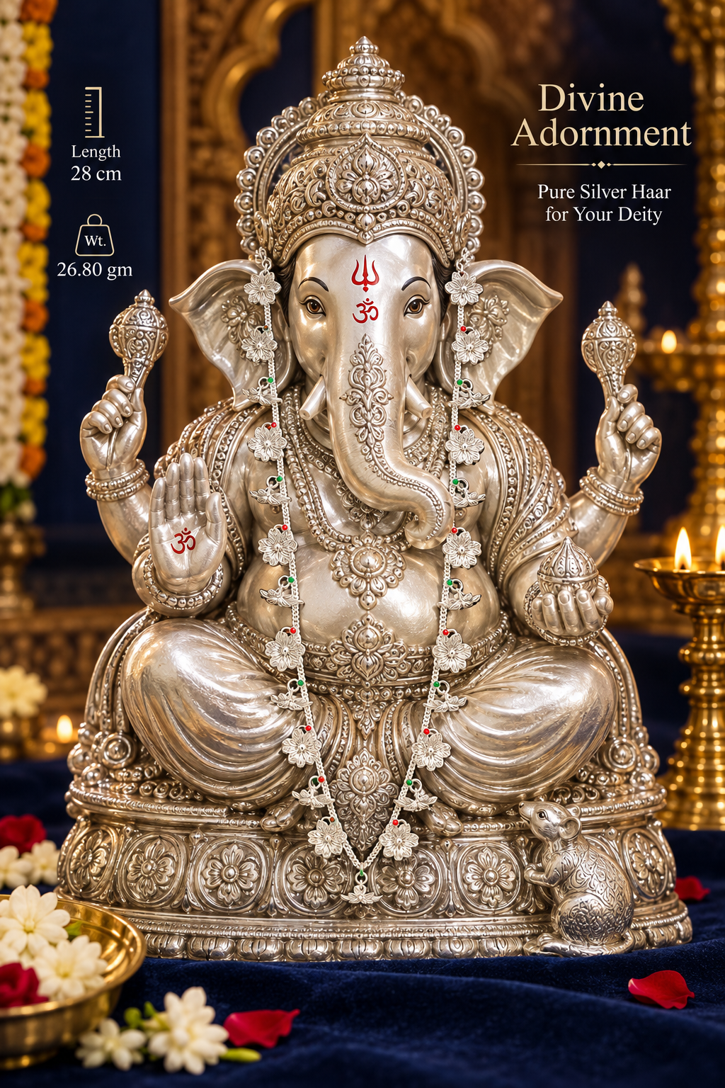 925 Sterling Silver Floral Haar for Ganpati Bappa - 28 cm - Pooja lifestyle view