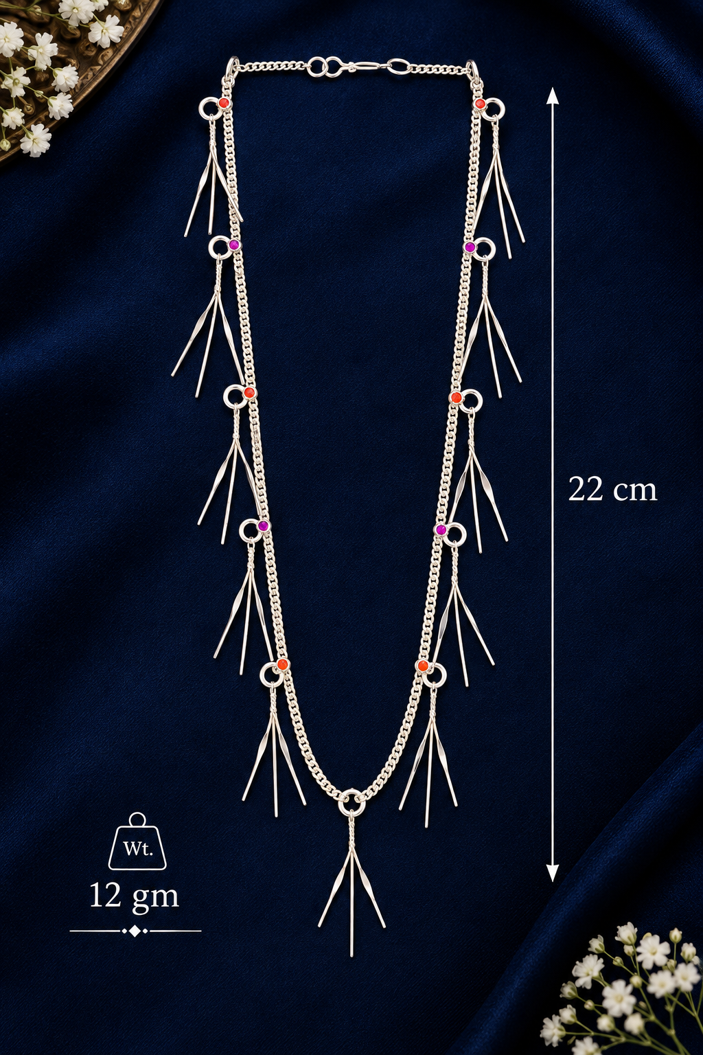 925 Sterling Silver Durva Grass Haar for Ganpati Bappa - 22 cm - Dimensions/specification view