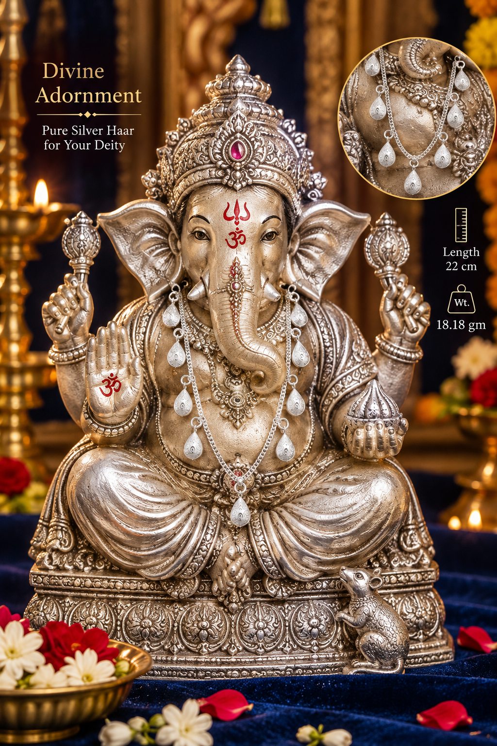 925 Sterling Silver Shrifal Haar for Ganpati Bappa - 22 cm - Pooja lifestyle view