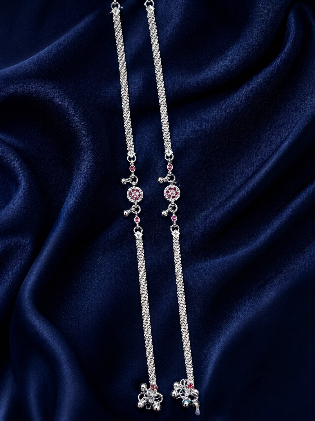 Silver Pink Stone Butterfly Charm Payal Pair for Women - front view