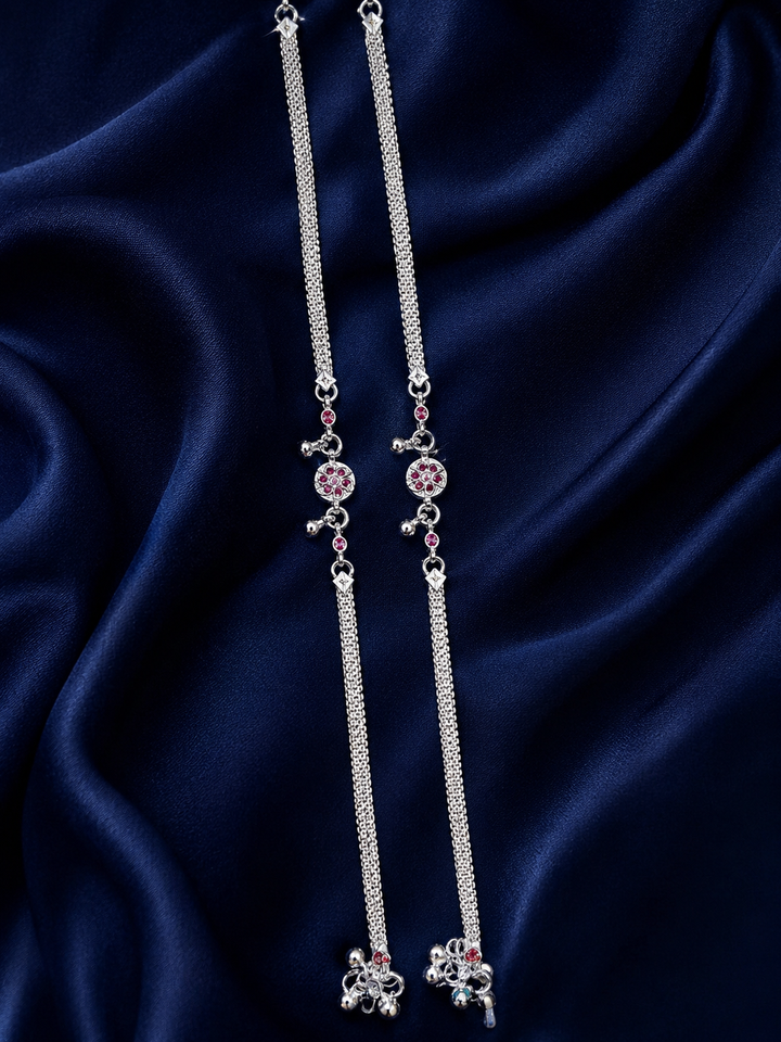 Silver Pink Stone Butterfly Charm Payal Pair for Women - front view