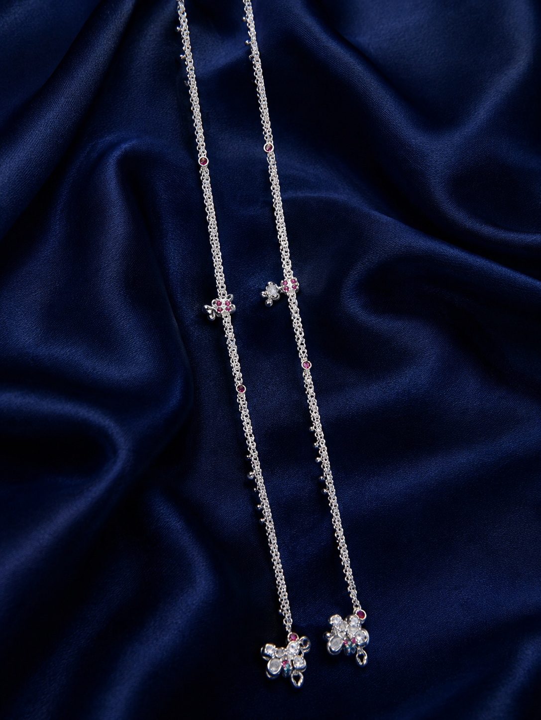 Silver Delicate Pink Floral Charm Payal Pair for Women - front view