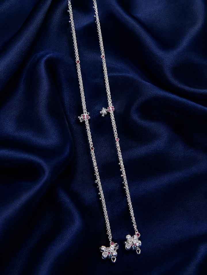Silver Delicate Pink Floral Charm Payal Pair for Women - front view