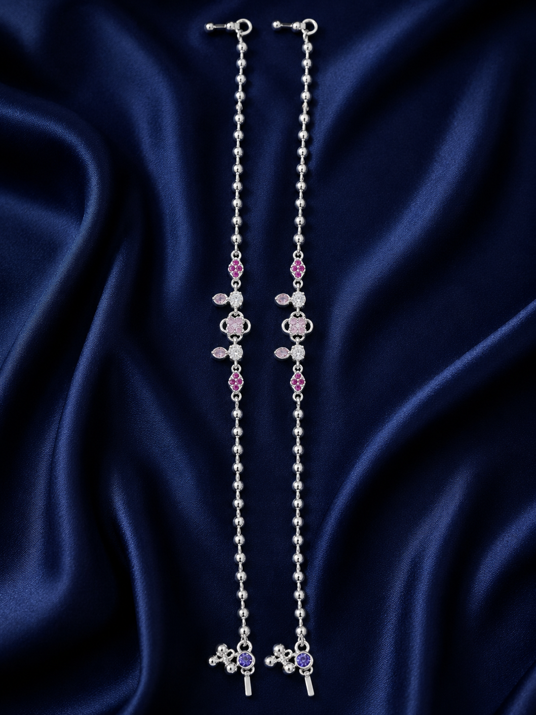 Silver Pink Floral Cluster Payal Pair for Women - front view