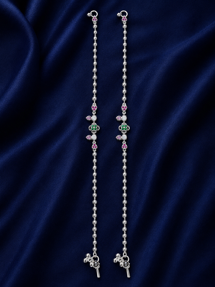 Silver Green Stone Floral Charm Payal Pair for Women - front view