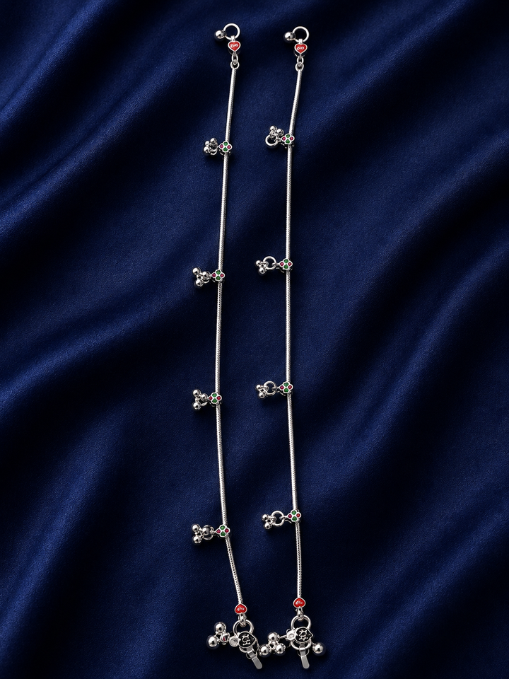 Silver Multicolour Station Charm Payal Pair for Women - front view