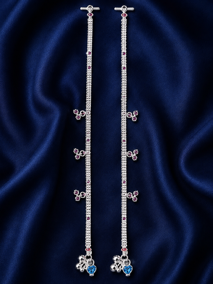 Silver Blue Floral Drop Payal Pair for Women - front view