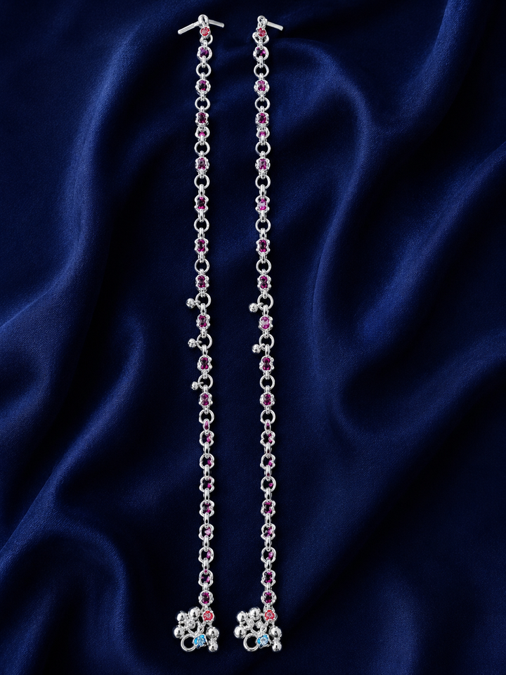 Silver Oval Link Multicolour Floral Payal Pair for Women - front view